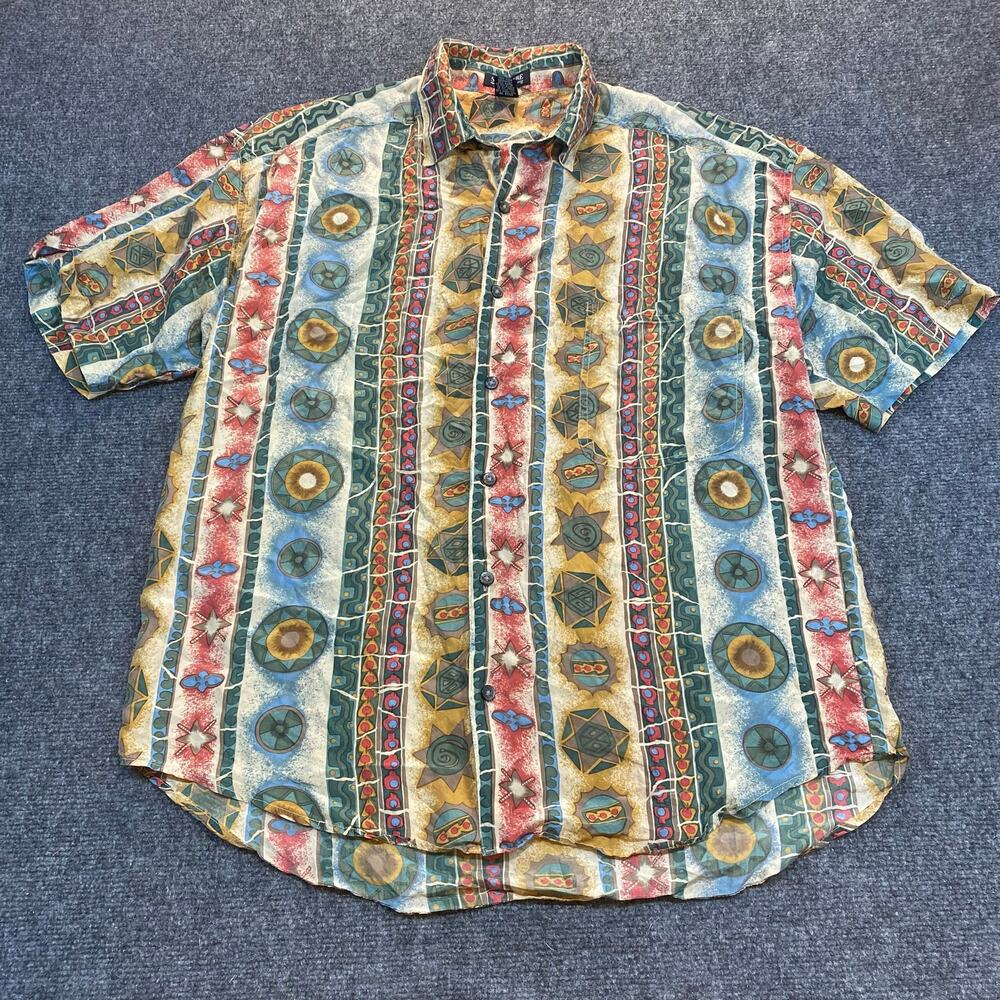 Vintage Structure Mens Large 100% Silk Astro Celestial Print Button Down Shirt